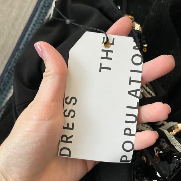 NWT Dress The Population Kady Sequin Block Print Tiered Dress in Black Multi Sml - Picture 13 of 15